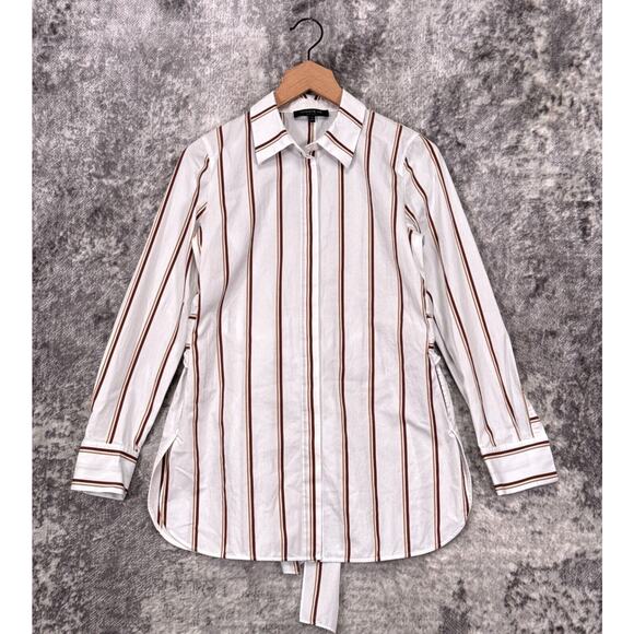Lafayette 148 Top Small Womens White Striped Collared Button Up Tie Waist Shirt - Picture 1 of 8